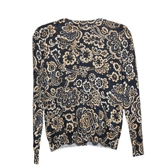 Talbots Floral Cardigan Sweater Button Front Long Sleeve‎ Black Beige MP - Picture 2 of 6